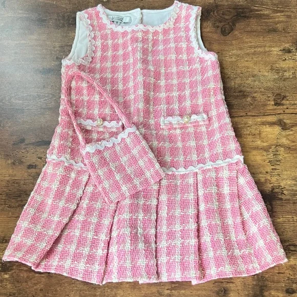 Badgley Mischka Pink and Cream Textured Girl’s Dress w/ Matching Purse Size 8 - Picture 1 of 14